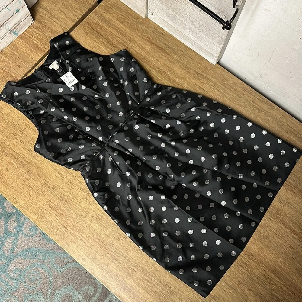 J Crew nwt black polka dot metallic shiny silver print party midi dress - Picture 4 of 7